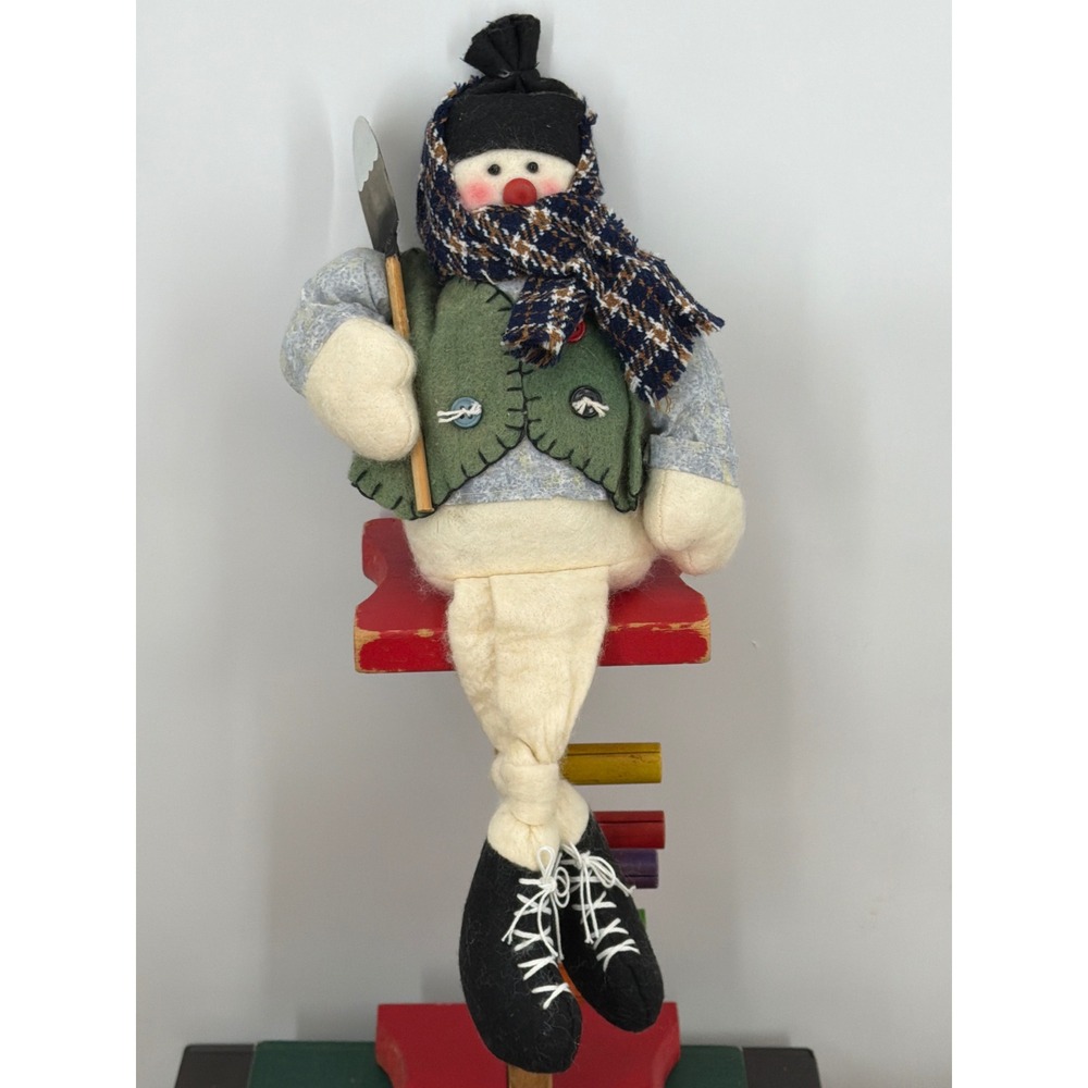 Vintage Primitive Snowman Shelf Sitter with Shovel Rustic Decor